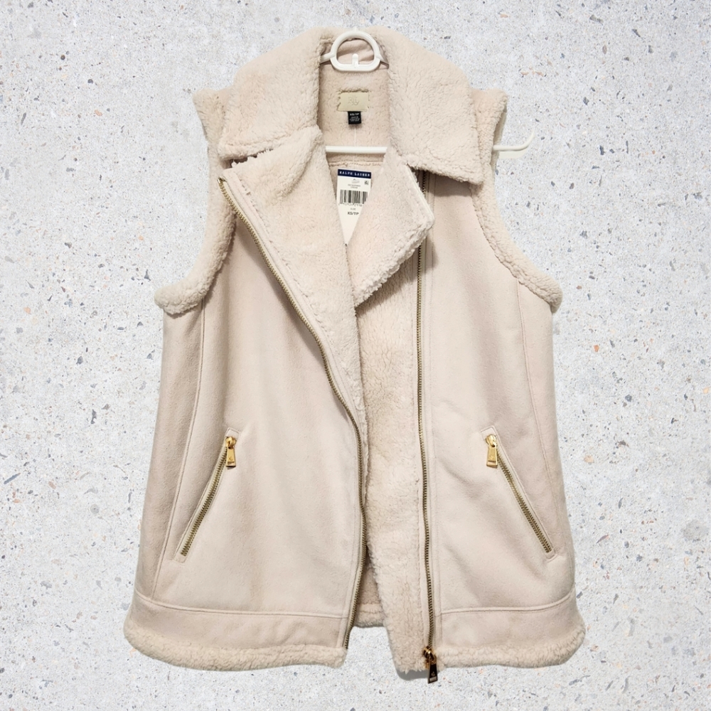 Ralph Lauren Faux Leather Sherpa Bomber Vest Cream Size XS